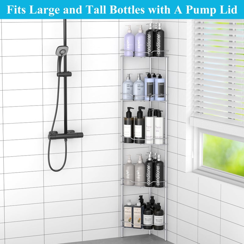 HuggieGems 5 Tier Floor Standing Corner Shower Caddy Organizer Shelf with Hooks, Bathroom Shelves Stand Rack, Silver - Image 3
